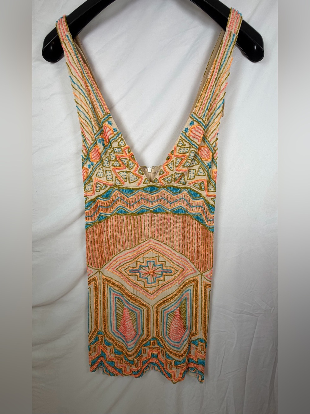 NWT Tessora Beaded Aztec Geometric V-Neck Cocktail Dress Beige Multi Small